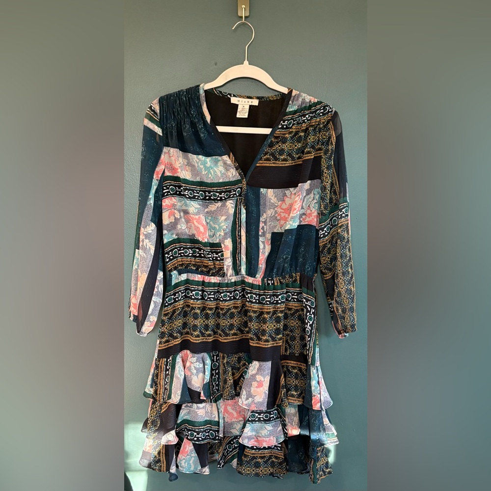 Anthropologie Hiché Mixed Floral Patchwork Print Long Sleeve Ruffle Mini Dress M